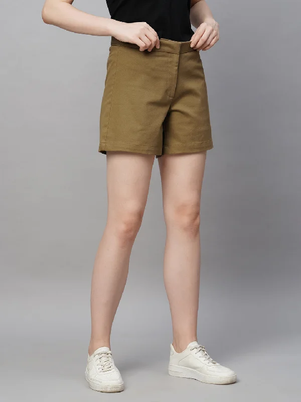 Women's Khaki Cotton Elastane Regular Fit Short