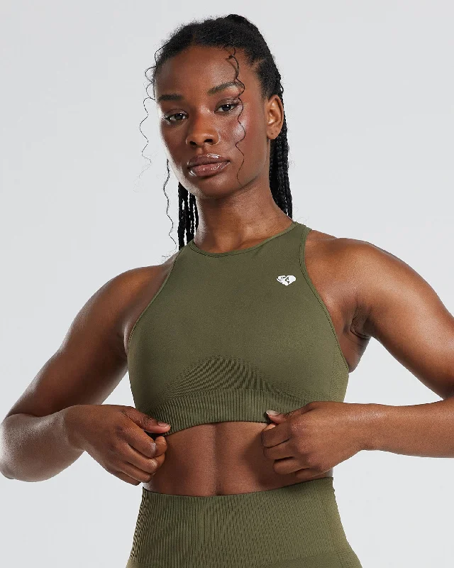 Power Seamless High Neck Bra | Khaki