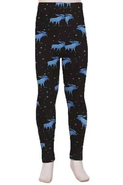 Girls Moose Leggings, Kids Yoga Pants, Sizes S/L, No-Roll Waist, Black/Blue