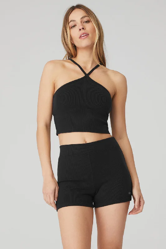 Goddess Ribbed Cross Crop Top - Black